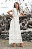 Classy White Lace A Line V-Neck Long Holiday Dress With Short Sleeves