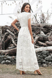 White Lace A Line V-Neck Long Holiday Dress With Short Sleeves