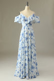 Blue Floral Print A Line Off the Shoulder Long Bridesmaid Dress