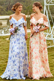 Blue A Line Off the Shoulder Floral Print Long Bridesmaid Dress