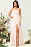 Pink A Line Spaghetti Straps Chiffon Bridesmaid Dress with Slit