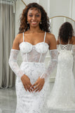 Ivory Mermaid Spaghetti Straps Corset Long Sparkly Wedding Dress With Appliques