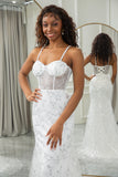 Ivory Mermaid Spaghetti Straps Corset Long Sparkly Wedding Dress With Appliques