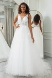 Ivory A Line V-Neck Corset Tulle Sweep Train Wedding Dress With Appliqued Lace