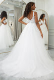 Ivory A Line V-Neck Corset Tulle Sweep Train Wedding Dress With Appliqued Lace