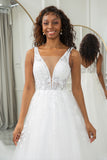 Ivory A Line V-Neck Corset Tulle Sweep Train Wedding Dress With Appliqued Lace