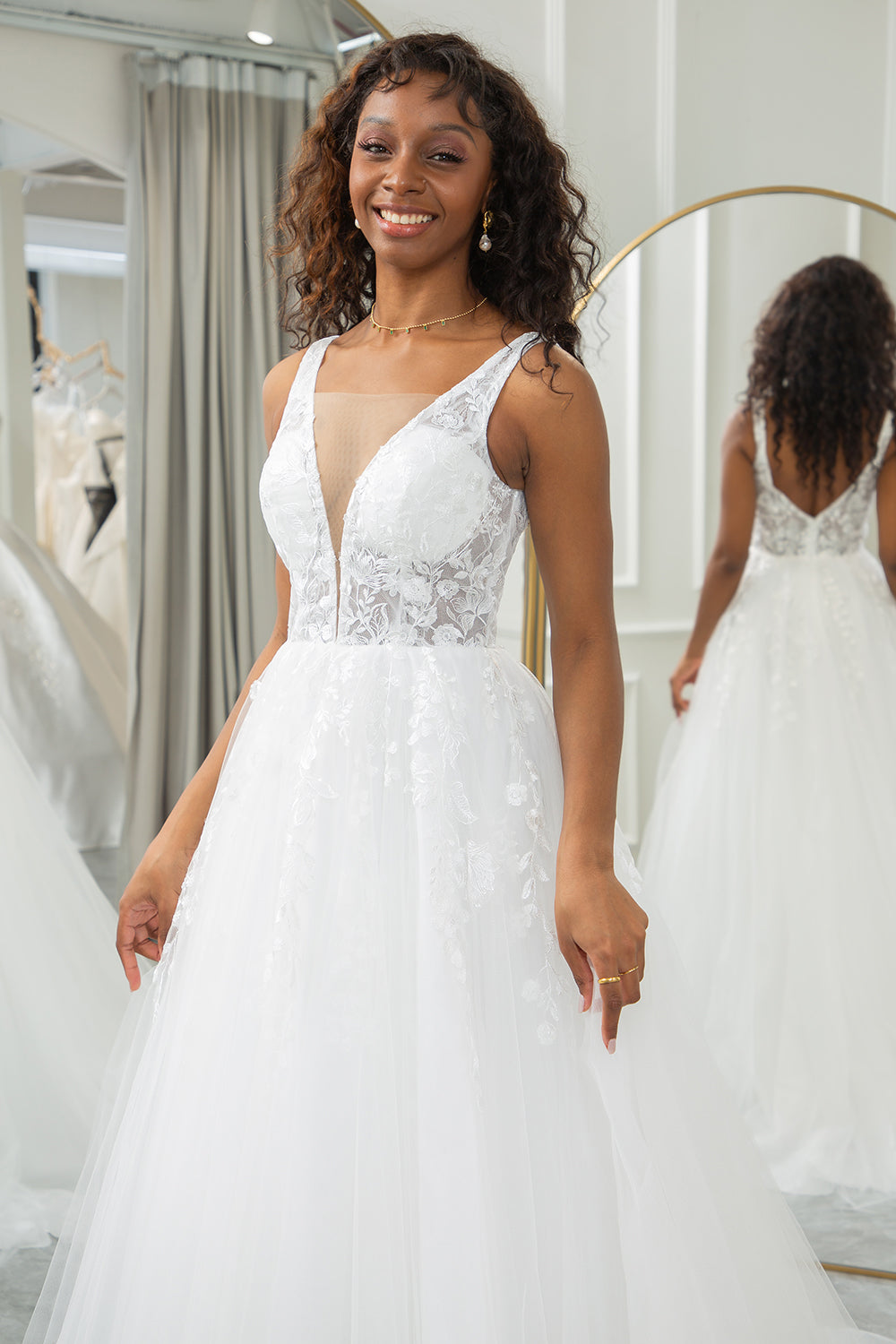 Ivory Tulle Lace Deep V-neck Wedding Dresses With Train, Bridal Gowns, MW820
