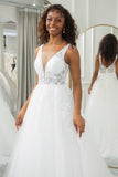 Ivory A Line V-Neck Corset Tulle Sweep Train Wedding Dress With Appliqued Lace