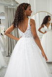 Ivory A Line V-Neck Corset Tulle Sweep Train Wedding Dress With Appliqued Lace