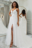 Ivory A Line Spaghetti Straps Tulle Chapel Train Appliques Bridal Dresses With Slit