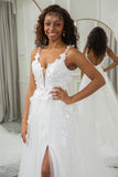 Ivory A Line Spaghetti Straps Tulle Chapel Train Appliques Bridal Dresses With Slit