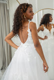 Ivory A Line Spaghetti Straps Tulle Chapel Train Appliques Bridal Dresses With Slit