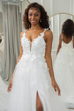 Ivory A Line Spaghetti Straps Tulle Chapel Train Appliques Bridal Dresses With Slit