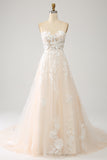 A-Line Sweetheart Corset Long Sweep Train Tulle Wedding Dress With Appliques