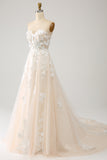 A-Line Sweetheart Corset Long Sweep Train Tulle Wedding Dress With Appliques