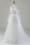 Ivory A-Line V-Neck Tulle Sweep Train Wedding Dress With Long Sleeves