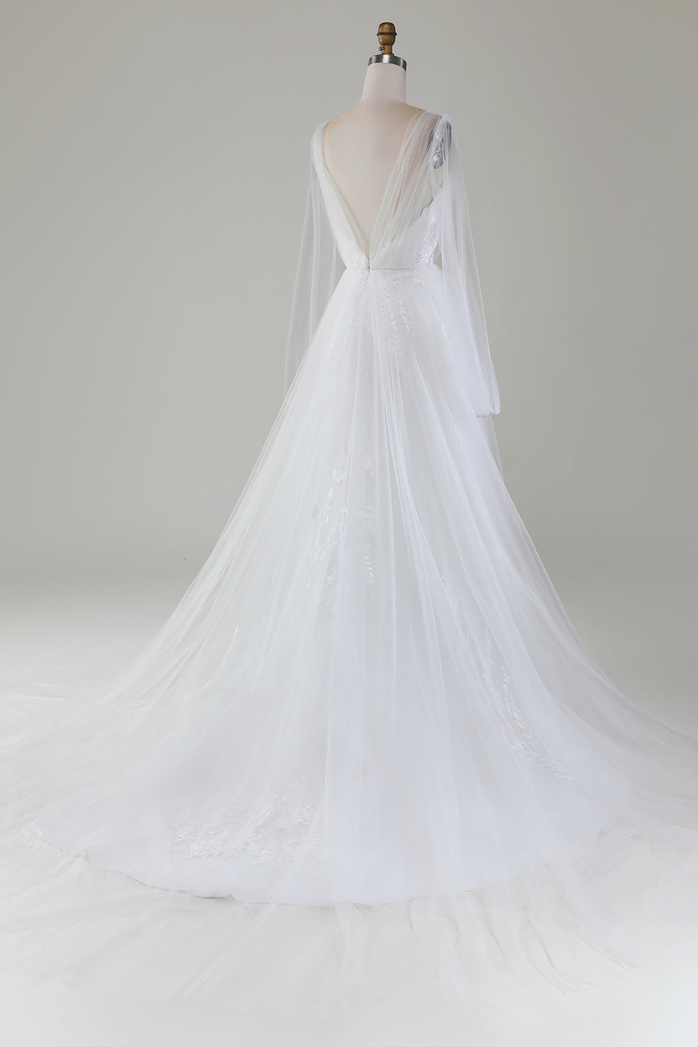 Ivory A-Line V-Neck Tulle Sweep Train Wedding Dress With Long Sleeves