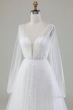 Ivory A-Line V-Neck Tulle Sweep Train Wedding Dress With Long Sleeves