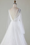 Ivory A-Line V-Neck Tulle Sweep Train Wedding Dress With Long Sleeves