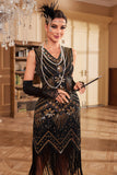 V-Neck Sequins Black Golden Gatsby Party Dress with Fringe
