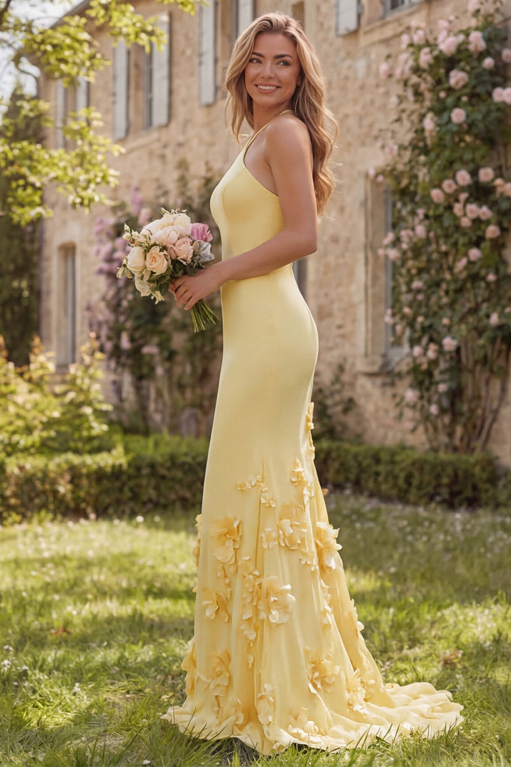 daffodil bridesmaid dress Chiffon Short Sleeves V-Neck Bridesmaid Dress with Slit