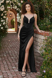Black Velvet Sheath Spaghetti Straps Corset Long Holiday Party Dress with Slit