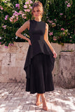 Yellow A Line Pleated Jewel Neck Midi Wedding Guest Dress