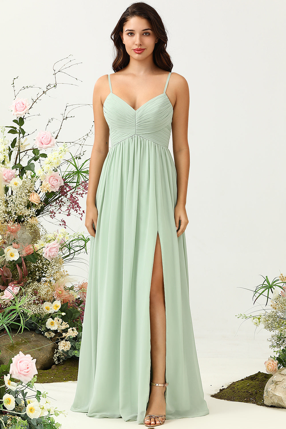 Wedtrend Women Sage Bridesmaid Dress A Line Spaghetti Straps Ruched Long Chiffon Wedding Party Dress with Slit, Sage / US26W Wedtrend Women Sage Bridesmaid Dress A Line Spaghetti Straps Ruched Long Chiffon Wedding Party Dress with Slit, Sage / US26W
