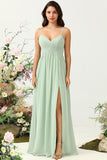 Sage A Line Spaghetti Straps Ruched Long Chiffon Bridesmaid Dress with Slit