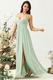 Sage A Line Spaghetti Straps Ruched Long Chiffon Bridesmaid Dress with Slit