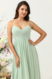 Sage A Line Spaghetti Straps Ruched Long Chiffon Bridesmaid Dress with Slit