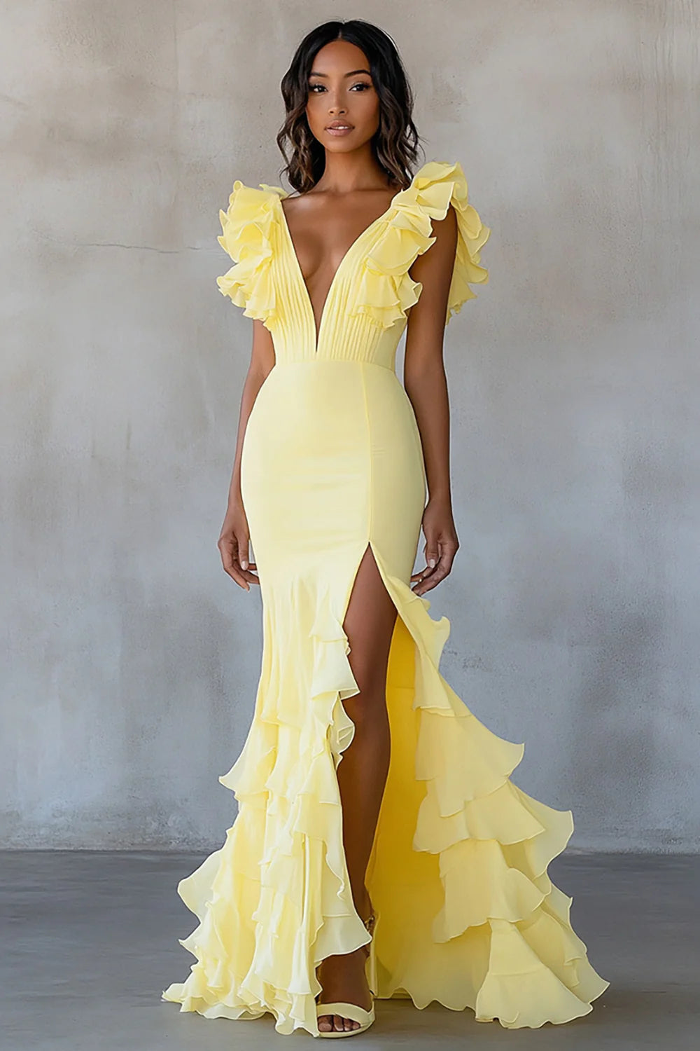 WEDTREND Women Daffodil Formal Dress With Slit Mermaid V Neck Ruffle Long Wedding Party Dress WEDTREND Women Daffodil Formal Dress With Slit Mermaid V Neck Ruffle Long Wedding Party Dress