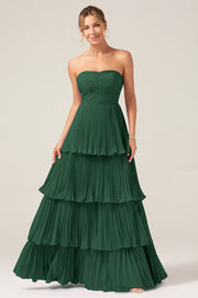 Dark Green A-Line Sweetheart Tiered Floor Length Chiffon Bridesmaid Dress