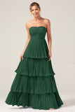 Dark Green A-Line Sweetheart Tiered Floor Length Chiffon Bridesmaid Dress