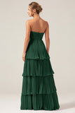 Dark Green A-Line Sweetheart Tiered Floor Length Chiffon Bridesmaid Dress