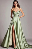 Strapless Satin A Line Long Formal Dress With Slit