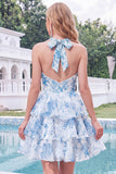 Blue Floral Halter A Line Tiered Ruffle Homecoming Dress
