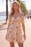 Champagne 3D Flower Cold Shoulder A Line Homecoming Dress