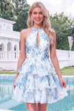 Blue Floral Halter A Line Tiered Ruffle Homecoming Dress