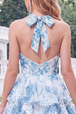 Blue Floral Halter A Line Tiered Ruffle Homecoming Dress