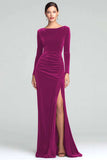 Burgundy Sheath Velvet Long Sleeves Formal Dress with Slit