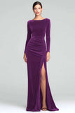 Burgundy Sheath Velvet Long Sleeves Formal Dress with Slit