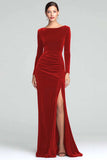 Burgundy Sheath Velvet Long Sleeves Formal Dress with Slit