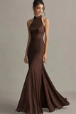 Coffee Mermaid Halter Neck Open Back Long Formal Dress
