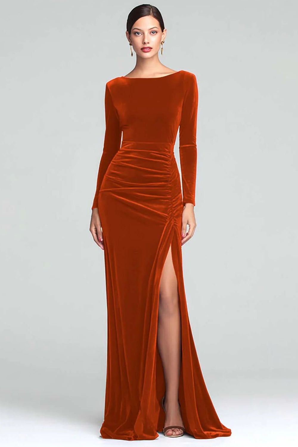orange velvet dress long sleeve fitted lace wedding dress Burnt Orange Velvet V-Neck Bridesmaid Dress Mermaid Floor-Length