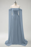 A-Line Cold Shoulder Convertible Chiffon Long Lilac Bridesmaid Dress with Capes