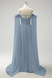 A-Line Cold Shoulder Convertible Chiffon Long Lilac Bridesmaid Dress with Capes