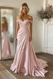 Mermaid Off the Shoulder Satin Pink Long Formal Dress with Lace