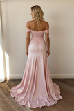 Mermaid Off the Shoulder Satin Pink Long Formal Dress with Lace