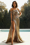 Metallic Gold Off The Shoulder Sheath Pleated Long Prom Dress with Slit